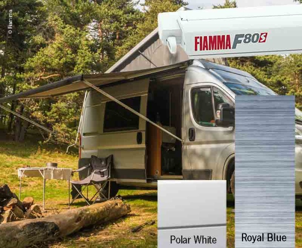Купить  маркиза fiamma f80s накрышная, 4,5 м, белый корпус, синяя ткань  для авто, кемперов и домов на колесах по доступным ценам