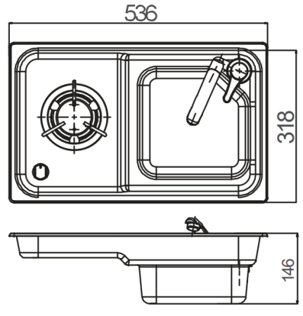 Газовая 1-конфорочная плита с раковиной справа, 12v (536х318х146)